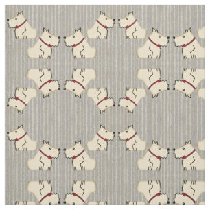 Ivory Terriers on Old-Time Grey Baseball Stripes Fabric