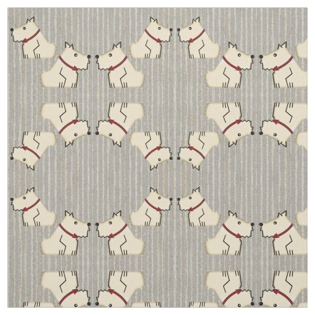 Ivory Terriers on Old-Time Grey Baseball Stripes Fabric (Swatch)
