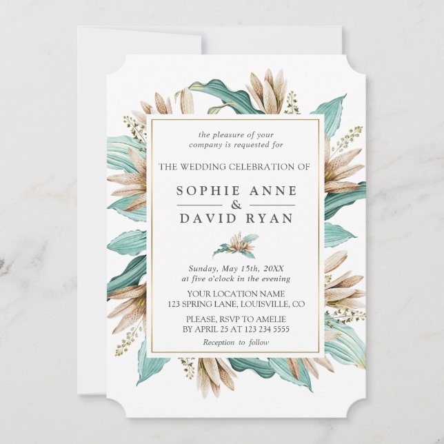 Ivory Turquoise Lilies  Flowers Geometric Wedding Invitation (Front)