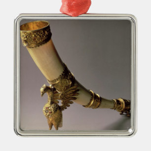 Ivory tusk drinking horn with silver-gilt mounts metal tree decoration