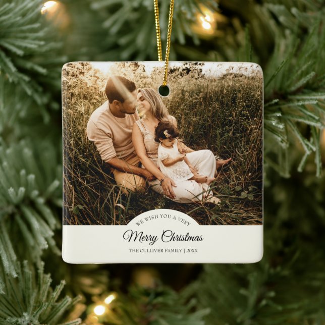 Ivory Very Merry Christmas Family Photo Ceramic Ornament (Tree)