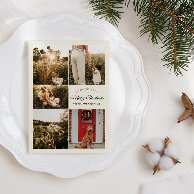 Ivory Very Merry Christmas Five Photo Collage Holiday Card (Creator Uploaded)