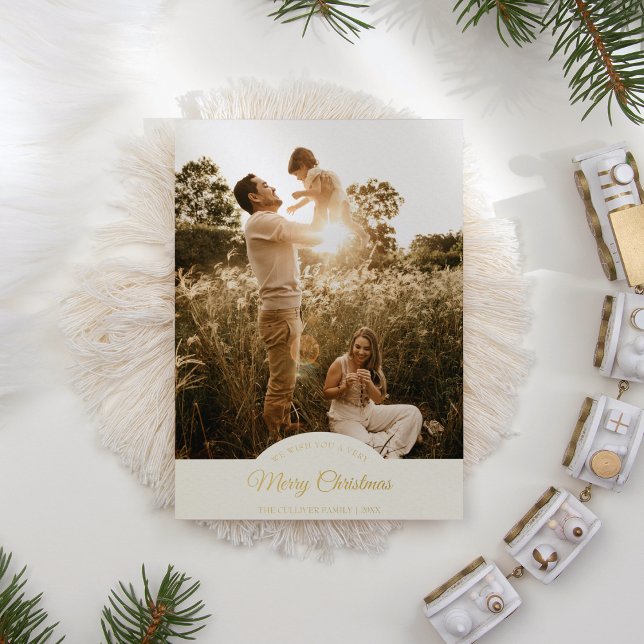 Ivory Very Merry Christmas Four Photo Vertical Foil Holiday Card (Creator Uploaded)
