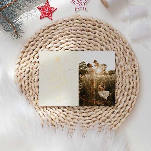 Ivory Very Merry Christmas Tree Family Portrait Foil Holiday Card (Creator Uploaded)