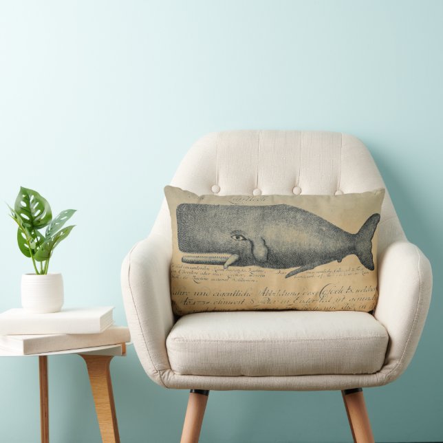 Ivory Vintage Beach Whale Lumbar Throw Cushion (Chair)