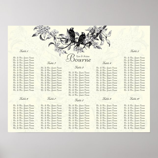 Ivory Vintage Birds Seating Chart Table Numbers (Front)