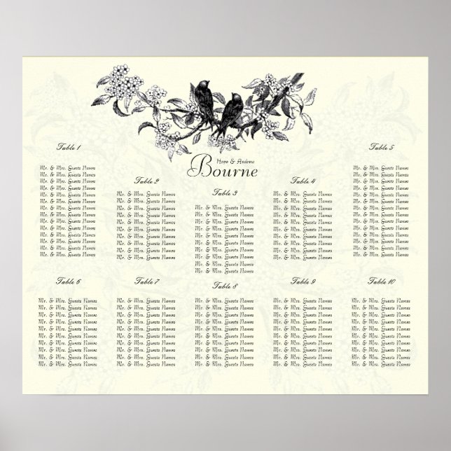 Ivory Vintage Birds Seating Chart Table Numbers (Front)