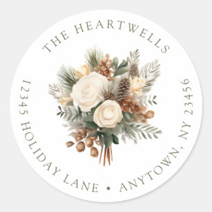 Ivory Watercolor Floral Christmas Return Address Classic Round Sticker
