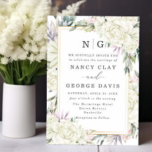  Ivory Watercolor Floral Frame Monogram Wedding Invitation