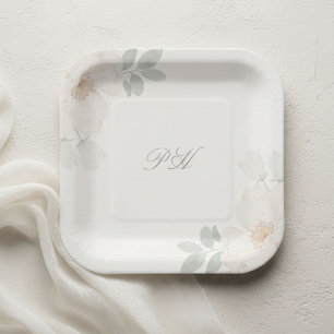 Ivory Watercolor Floral Wedding Initials Paper Plate