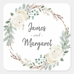 Ivory Watercolor Floral Winter Wedding  Square Sticker