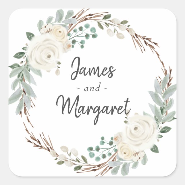 Ivory Watercolor Floral Winter Wedding  Square Sticker (Front)