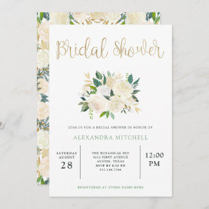 Ivory Watercolor Floral with Gold Bridal Shower Invitation