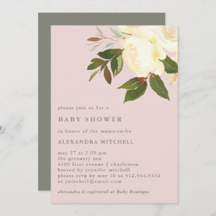 Ivory Watercolor Florals on Blush   Baby Shower Invitation