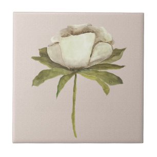 Ivory Watercolor Flower on Taupe Ceramic Tile