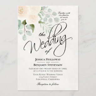Ivory Watercolor Roses & Eucalyptus Boho Wedding Invitation