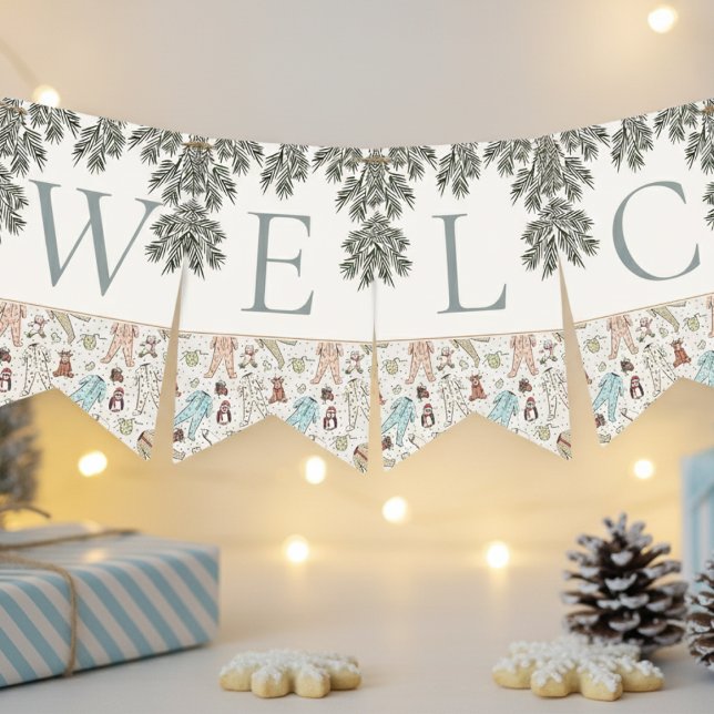 Ivory Welcome Baby Christmas Winter Baby Shower Bunting (Winter Christmas Baby Shower Bunting Flags. Cute Baby Pajamas, Penguin, Teddy Bear, Reindeer & Pine)