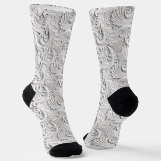Ivory white 3-D floral pattern Socks (Angled)