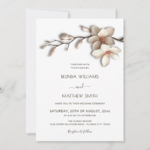Ivory White 3D Magnolia Flower Minimalist Wedding Invitation