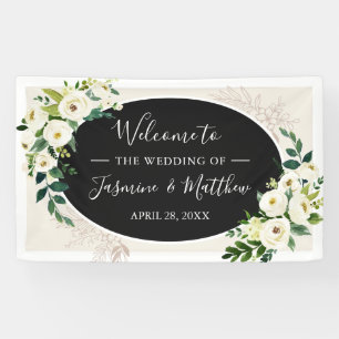 Ivory White and Green Flowers Wedding Party Banner