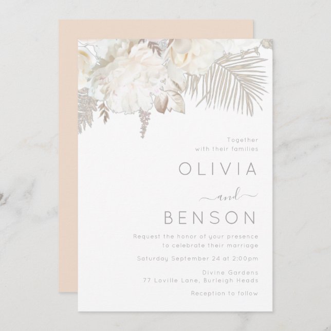 Ivory White & Bohemian Flowers Modern Wedding Invitation (Front/Back)