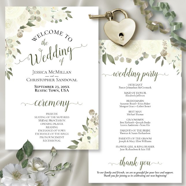 Ivory White Boho Floral Budget Wedding Program (In Situ Front and Back)
