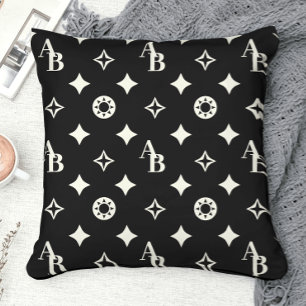 Ivory White Custom Initial Monogram Pattern Black Cushion
