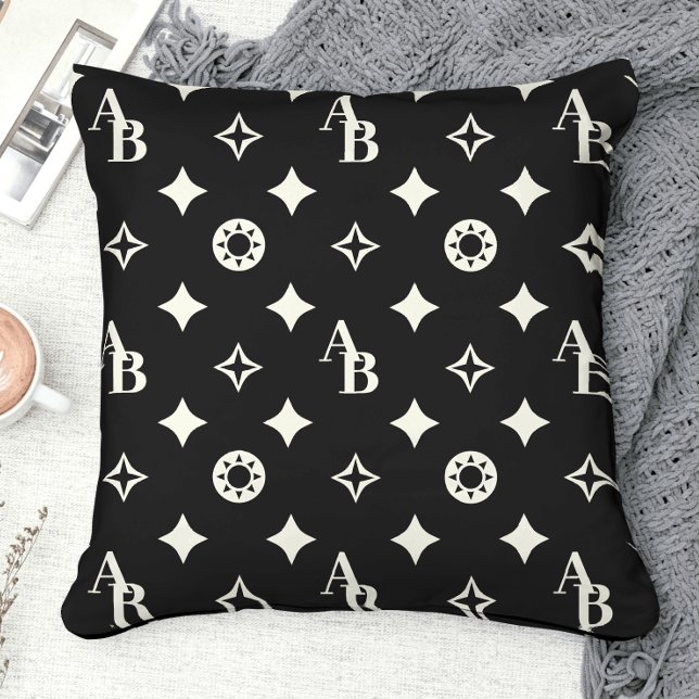 Ivory White Custom Initial Monogram Pattern Black Cushion (Creator Uploaded)