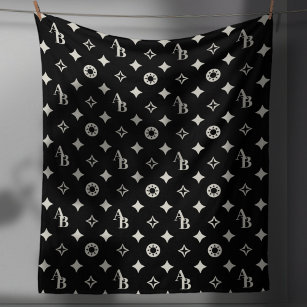 Ivory White Custom Initial Monogram Pattern Black Fleece Blanket