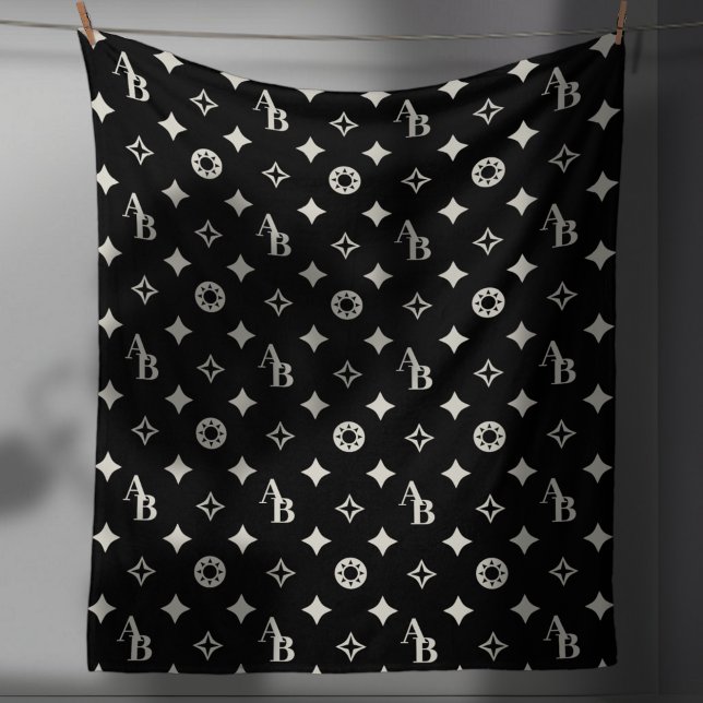 Ivory White Custom Initial Monogram Pattern Black Fleece Blanket (Creator Uploaded)
