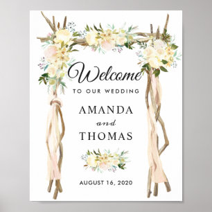 Ivory White Floral Arbor Arch Wedding Welcome Sign