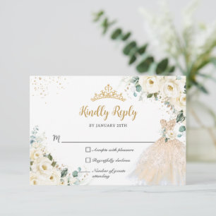 Ivory White Floral Champagne Dress Quinceañera XV RSVP Card