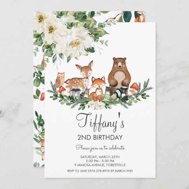 Ivory White Floral Cute Woodland Animals Birthday Invitation (Front/Back)