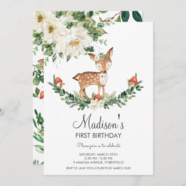 Ivory White Floral Deer Fawn Woodland Birthday Invitation (Front/Back)