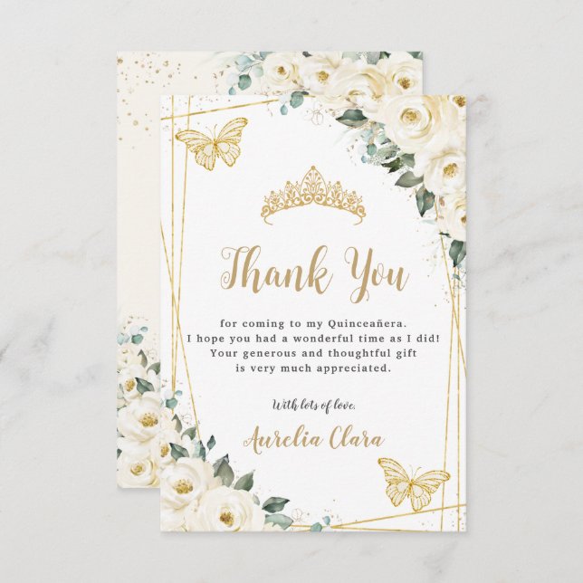 Ivory White Floral Gold Butterflies Quinceañera  Thank You Card (Front/Back)