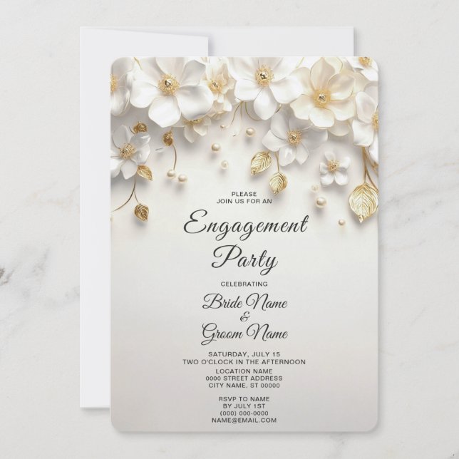 Ivory White Floral Gold Leaves Engagement Invitation (Front)