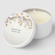 Ivory White Floral Gold Leaves Mini Candle Favours