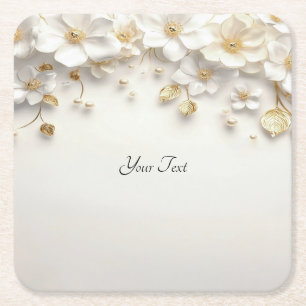 Ivory White Floral Gold Leaves Paper Coaster
