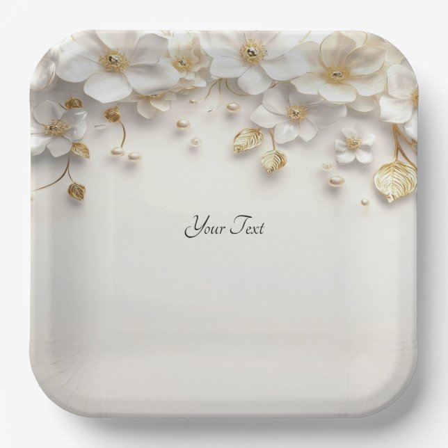 Ivory White Floral Gold Leaves Paper Plate (Front)