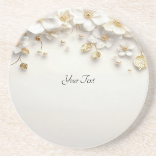 Ivory White Floral Gold Leaves Sandstone Coaster