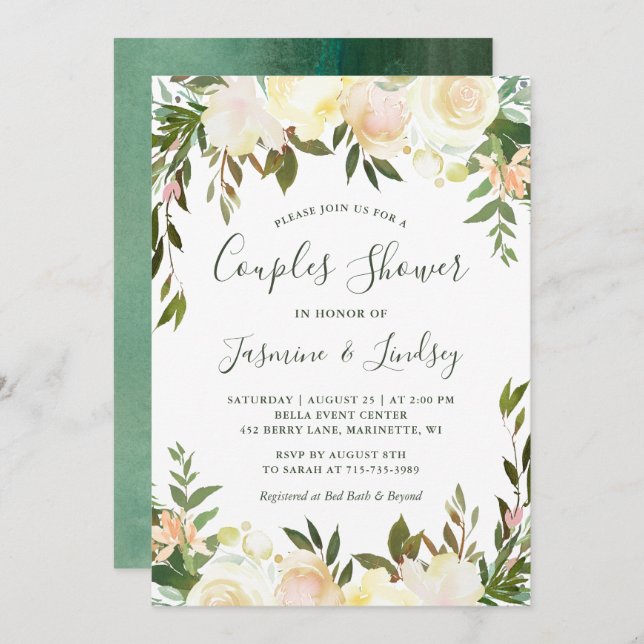 Ivory White Floral Greenery Wedding Couples Shower Invitation (Front/Back)