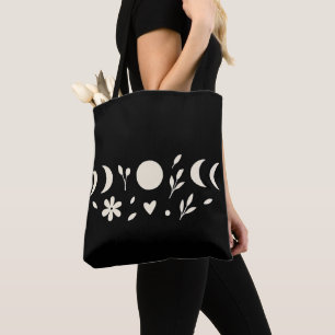 Ivory White Floral & Moons Black Tote Bag