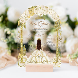 Ivory White Floral Princess Gold Arch Quinceanera Acrylic Invitations