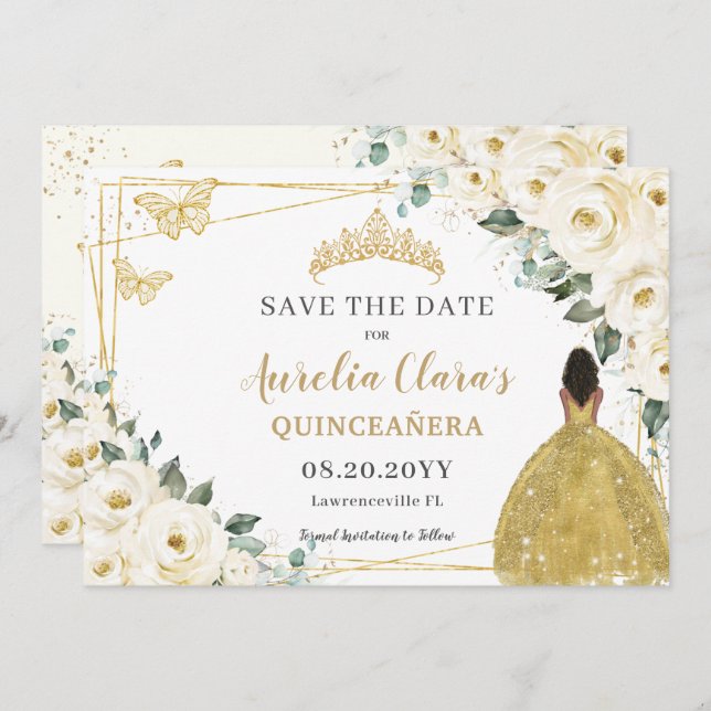 Ivory White Floral Quinceanera Brown Princess Save The Date (Front/Back)