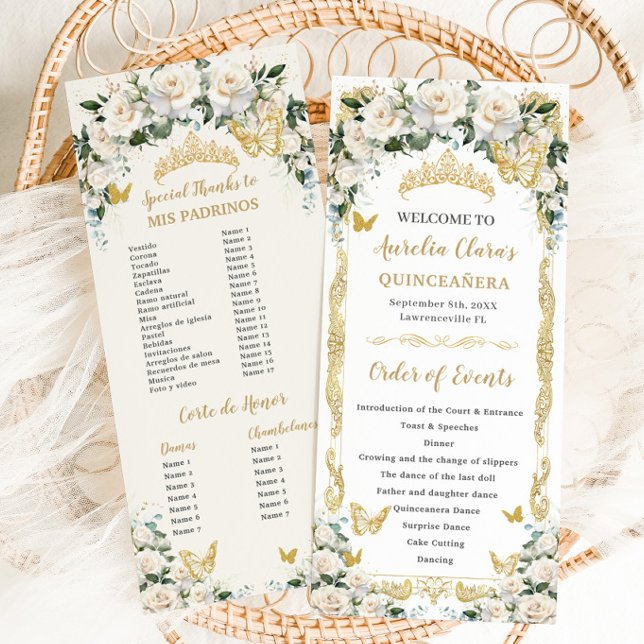 Ivory White Floral Quinceañera Order of Events Program (white ivory roses floral gold quinceanera padrinos corte de honor order of events slim program cards)