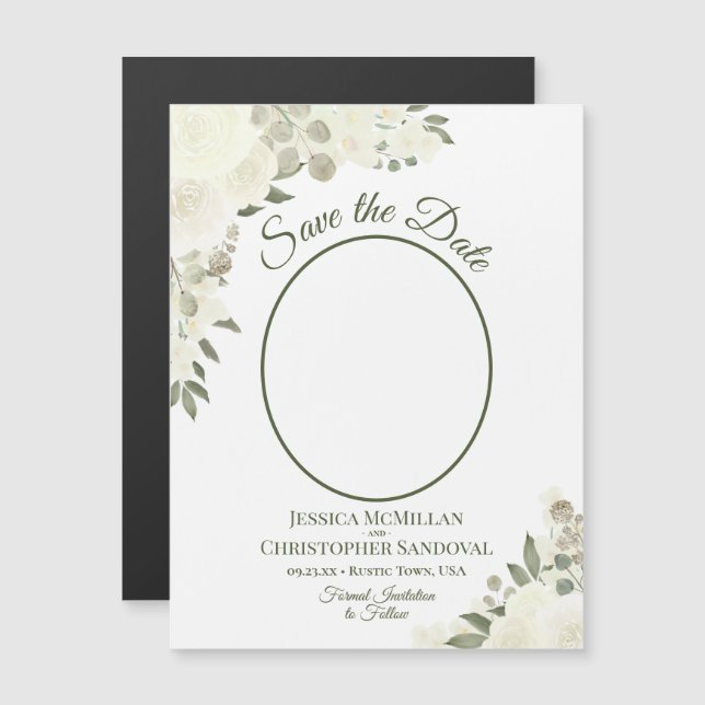 Ivory White Floral Save the Date Oval Photo Magnet (Front/Back)