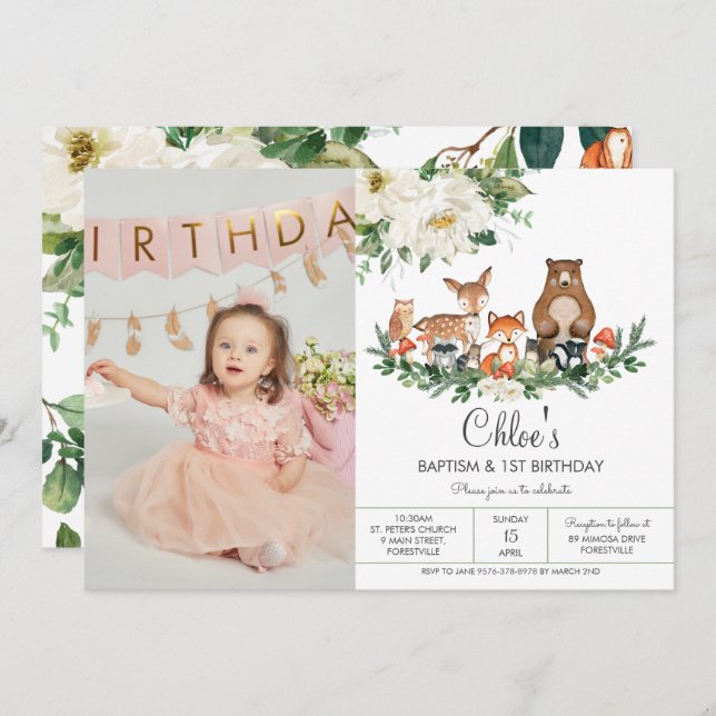 Ivory White Floral Woodland Animals Birthday Photo Invitation (Front/Back)
