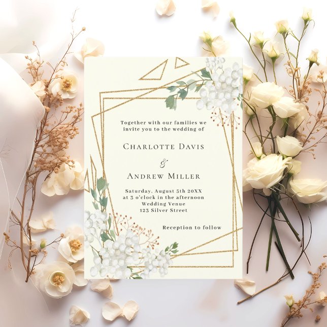 Ivory white florals gold geometric wedding invitation (Creator Uploaded)