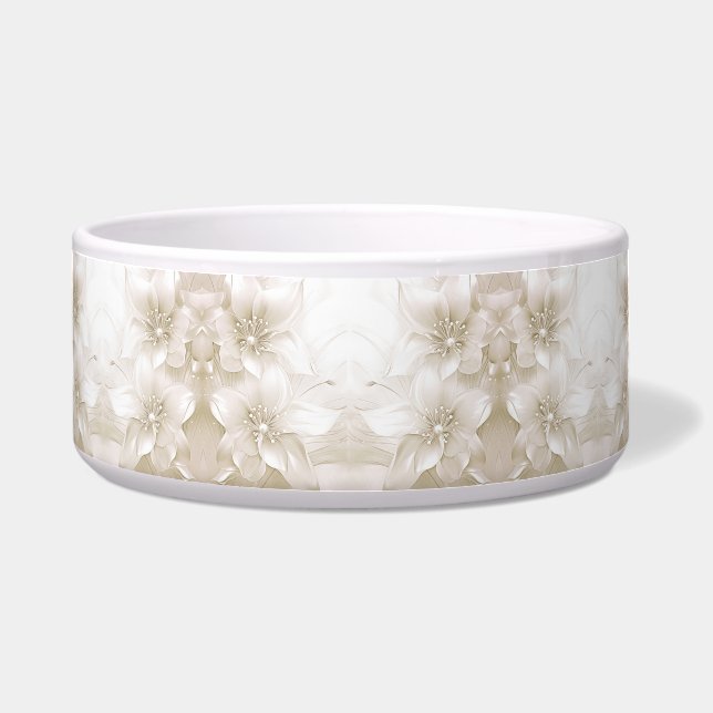 Ivory White Flowers Ceramic Pet Bowl (Front)