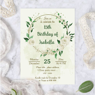 Ivory white flowers greenery birthday invitation